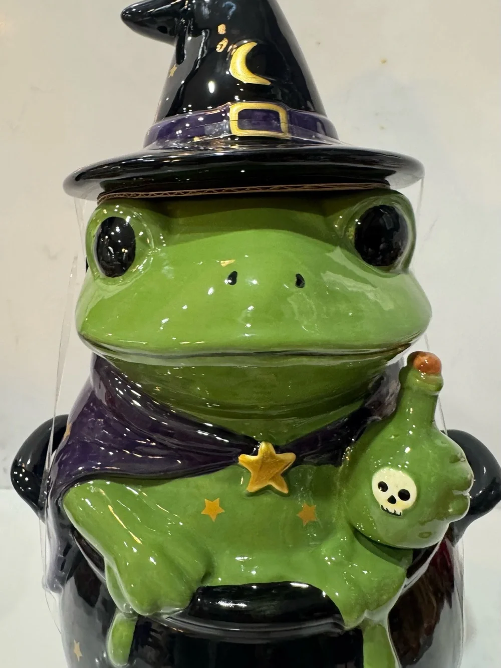 Spooky Street Halloween Cookie Jar/Canister Witch/Wizard Frog on Cauldron NWT